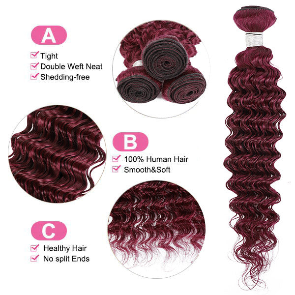 99J Deep Wave 3 Bundles With Closure Virgin Burgundy Human Hair Bundles With Closure