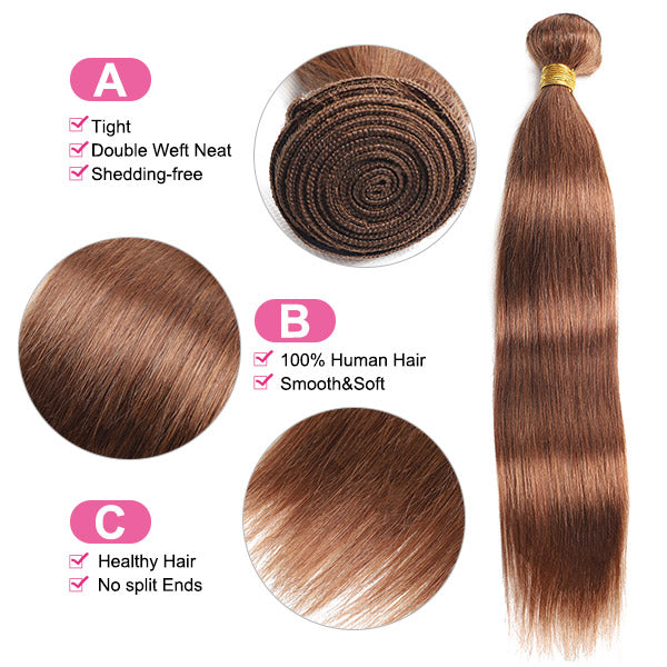 Light Brown Straight Human Hair 3 Bundles With 4x4 Closure #4 Virgin Human Hair