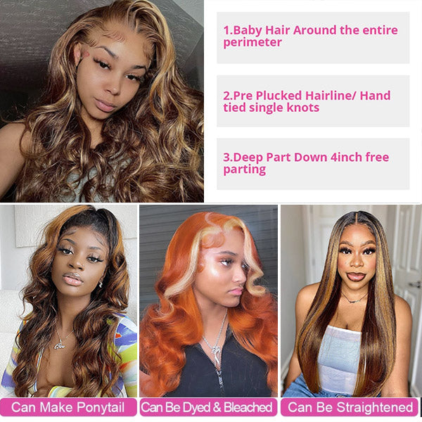 Highlight Wigs Body Wave Human Hair Wigs 13x4 Lace Front Wigs Ombre Color 13x6 Invisible HD Lace Frontal Wigs P4/27 Color