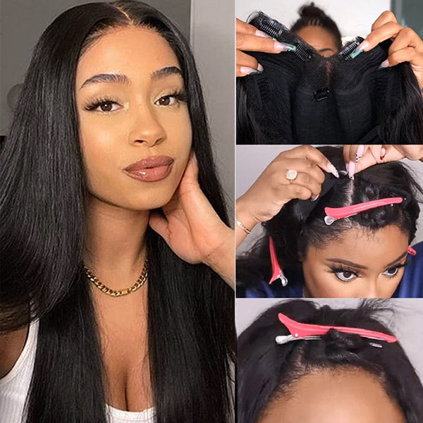V Part Wigs Glueless Straight Human Hair Wigs No Gel No Leave out Thin Part Wig