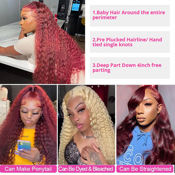30 Inch 99J Deep Wave Lace Front Wig 13x4 HD Lace Frontal Wig Burgundy Human Hair Wigs