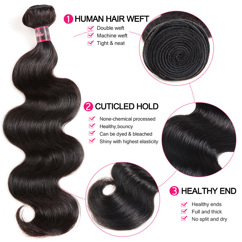 Hairsmarket Brazilian Vrigin Hair 8A Body Wave 3 Bundles With Lace Closure