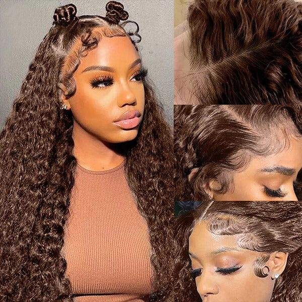 13x4 Deep Wave Frontal Wig Dark Brown HD Lace Wigs #4 Colored Human Hair Wigs
