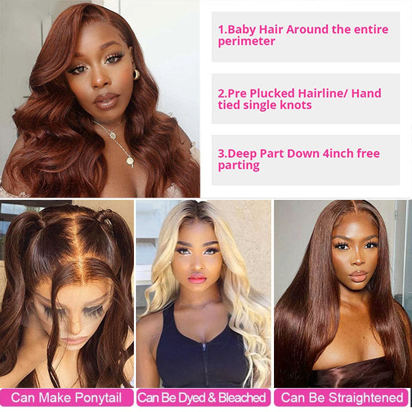 #33 Reddish Brown Body Wave Human Hair Wig 13x4 HD Lace Front Colored Wigs