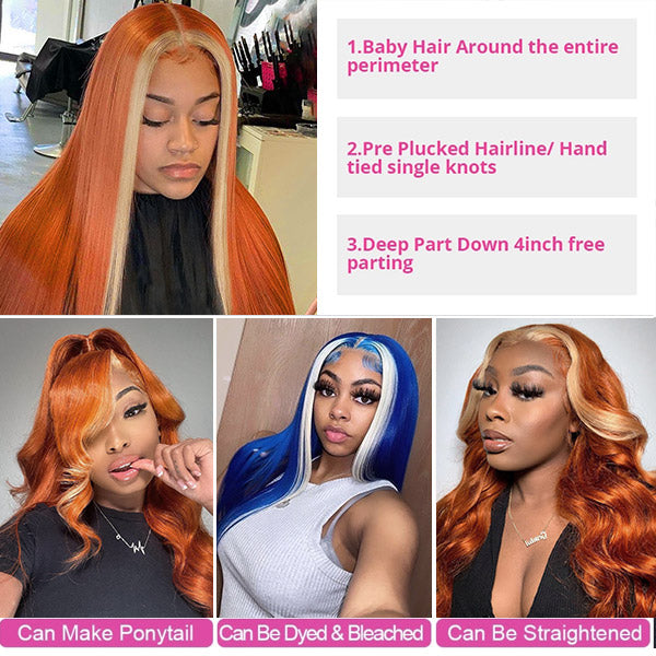 Ginger Blonde Wig Straight Wig 13x4 HD Lace Frontal Wigs Orange Blonde Lace Wig