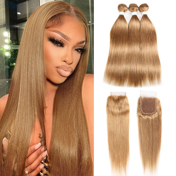 #27 Straight Hair With Closure Virgin Human Hair Colored 3 Bundles With 4x4 Closure