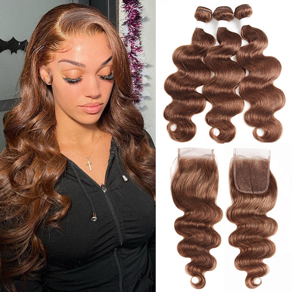 Brown Body Wave With Closure #4 Chocolate Brown 3 Bundles With 4x4 Lace Closure