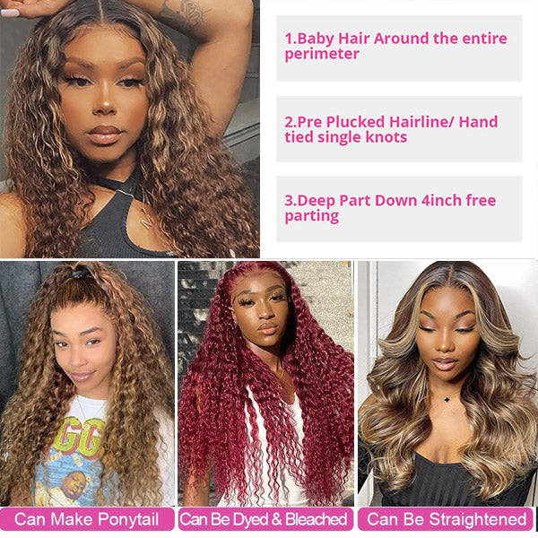 4x4 Lace Closure Blonde Highlight Wigs Deep Wave Human Hair HD Lace Closure Wigs P Color