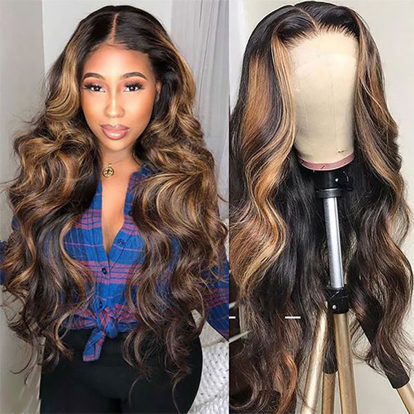 Honey Blonde Highlight Lace Front Wigs Body Wave Human Hair Wig 13x4 HD Lace Frontal Wigs