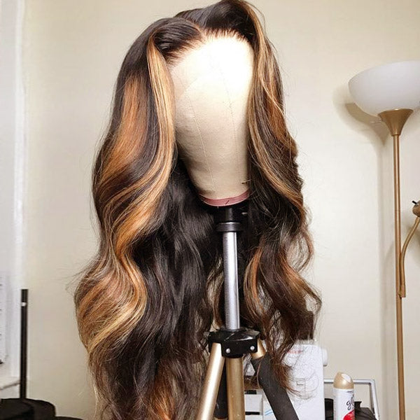 Honey Blonde Highlight Wigs Body Wave 100% Virgin Human Hair Lace Frontal Wigs