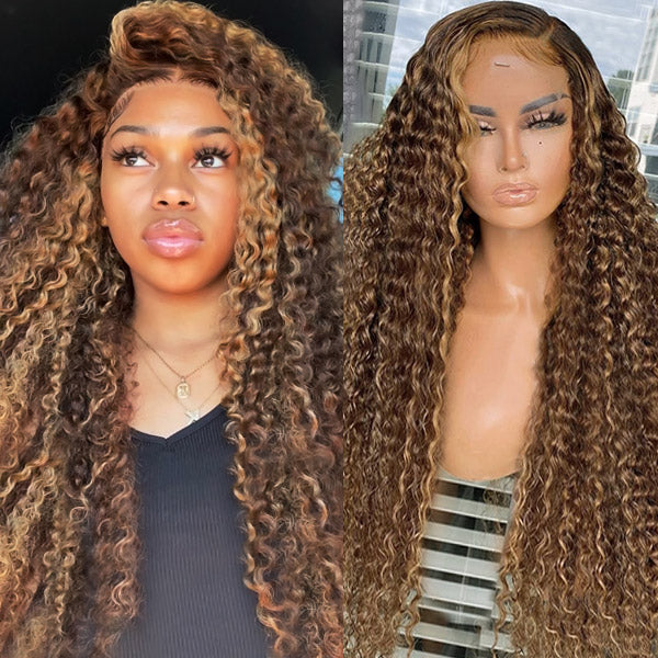 Honey Blonde Highlight Curly Wigs 13x4 Lace Front Wigs Piano Colored Human Hair Wig