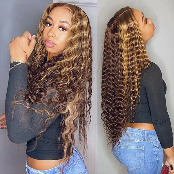 Highlight Deep Wave 13x4 Lace Front Wigs Ombre Honey Blonde Human Hair Wigs