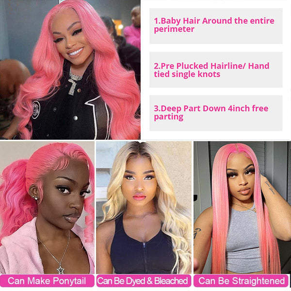 Pink Wigs 13x4 Body Wave Lace Frontal Wig Colored Human Hair Wigs 34 Inch 180%