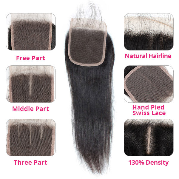 8A Peruvian Virgin Straight Hair 3 Bundles With HD Transparent Lace Closure 100% Human Hair