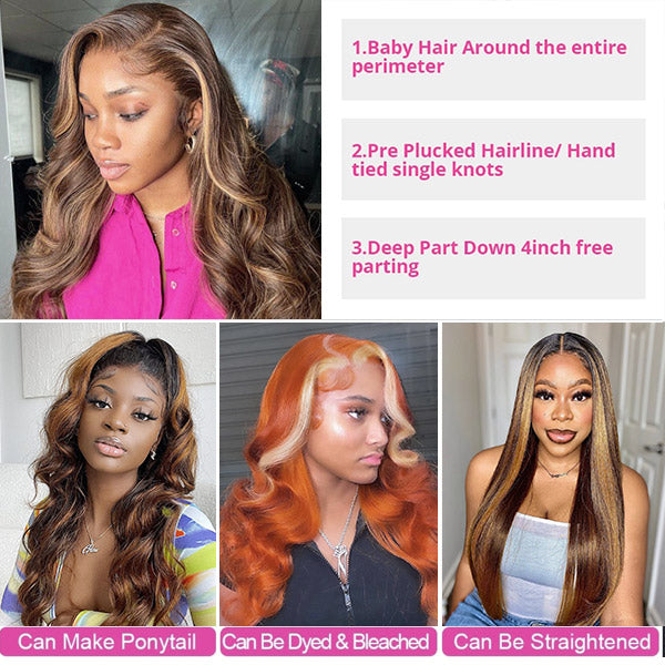 5x5 Lace Closure Highlight Lace Wigs Body Wave Hair 4x4 Lace Closure Wigs Balayage HD Lace Front Wigs 180% Density