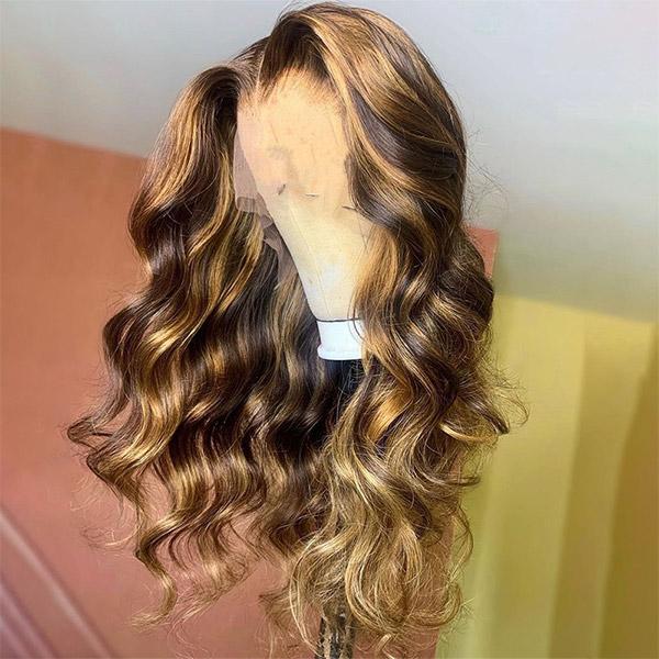 Honey Blonde 4x4 Lace Closure Highlight Wigs Body Wave T Part Human Hair Wigs