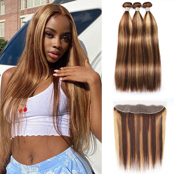 Highlight Straight Hair Bundles with Frontal Virgin Malaysian Human Hair 3 Bundles with 13*4 Lace Frontal