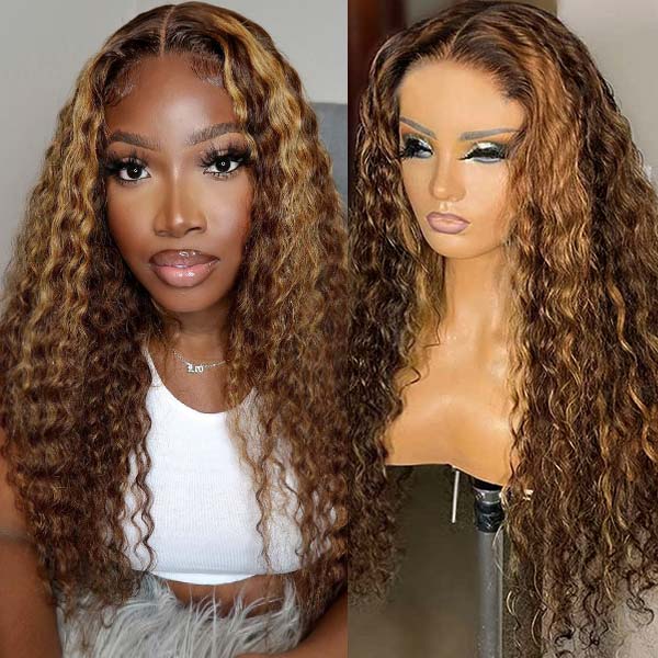 4x4 Lace Closure Blonde Highlight Wigs Deep Wave Human Hair HD Lace Closure Wigs P Color