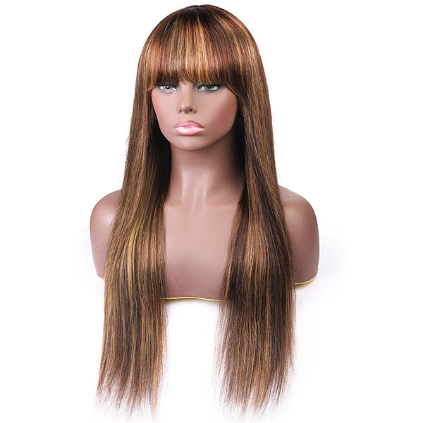 Virgin Straight Hair Wigs With Bang Highlight Color Machine Made Human Hair Wigs