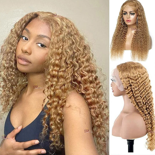 #27 Colored Wig Deep Wave 13x6x1 Transparent Lace Human Hair Wigs 32 Inch