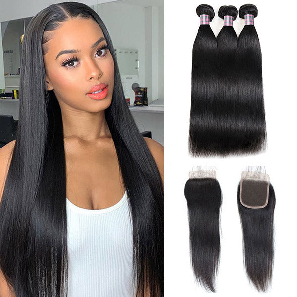 8A Brazilian Straight Hair Weave 3 Bundles With Lace Closure