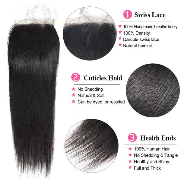 Long Straight Human Hair 3 Bundles With 5*5 Lace Closure 16-38 Inch