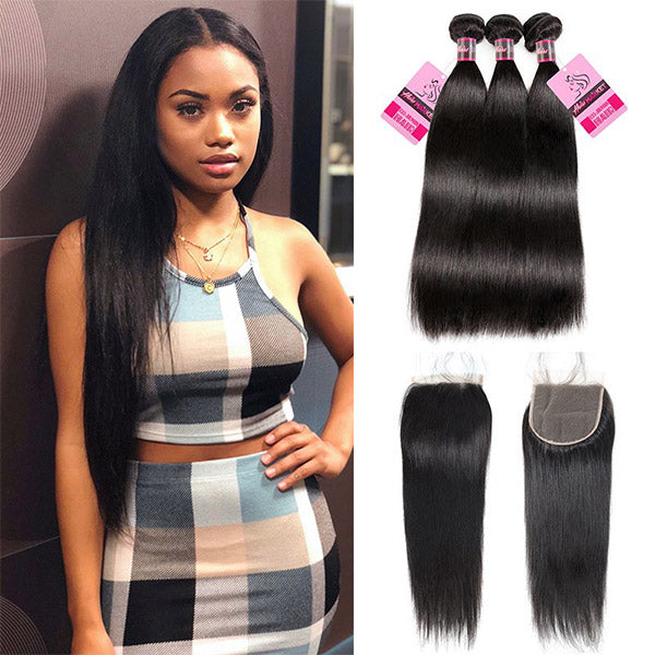 8A Quality Straight Human Hair 3 Bundles With 5*5 Lace Closure