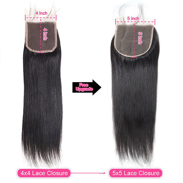 Long Straight Human Hair 3 Bundles With 5*5 Lace Closure 16-38 Inch