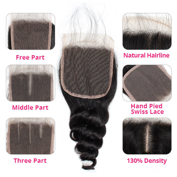 Unprocessed Brazilian Loose Wave Virgin Hair 3 Bundles with 4x4 Lace Closure