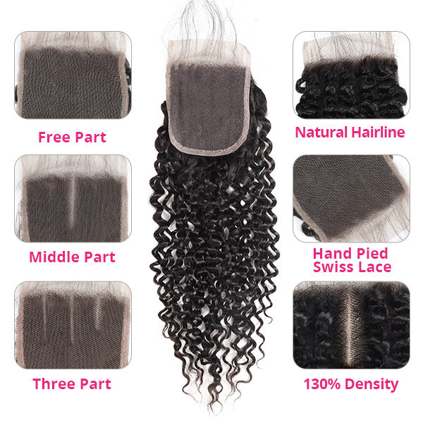 Ishow Peruvian Kinky Curly Human Hair Weave 3 Bundles with 4x4 Lace Closure