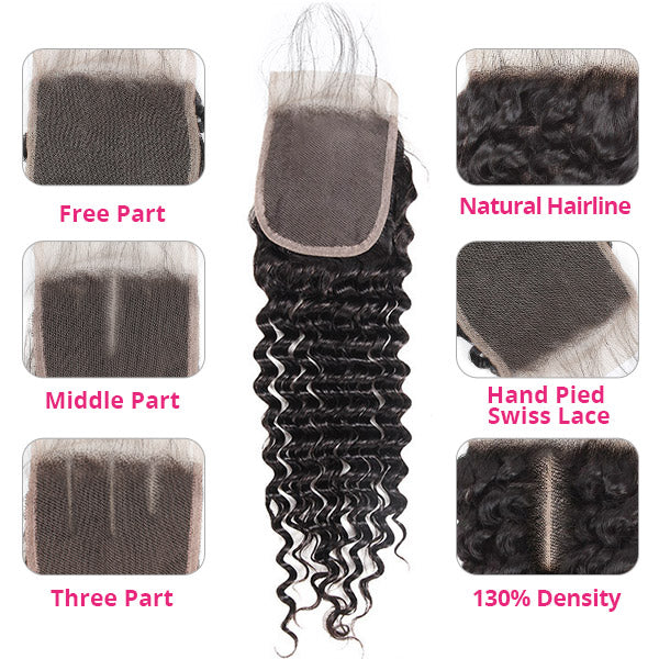 Brazilian Virgin Hair Deep Wave Human Hair 3 Bundles with 4x4 Lace Closure