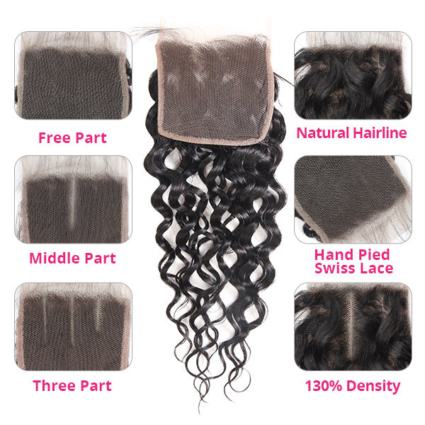 Malaysian Water Wave 3 Bundles with 4x4 Lace Closure Human Hair