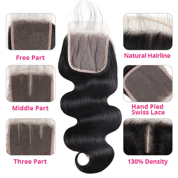 Indian Virgin Human Hair Body Wave 3 Bundles With 4*4 Lace Closure