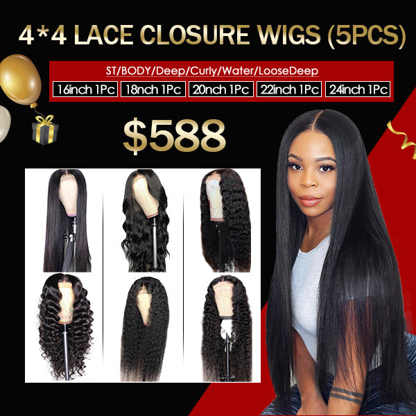 $588 Flash Sale 4*4 Lace Closure Wigs 16-24Inch Human Hair Wigs (5Pcs)