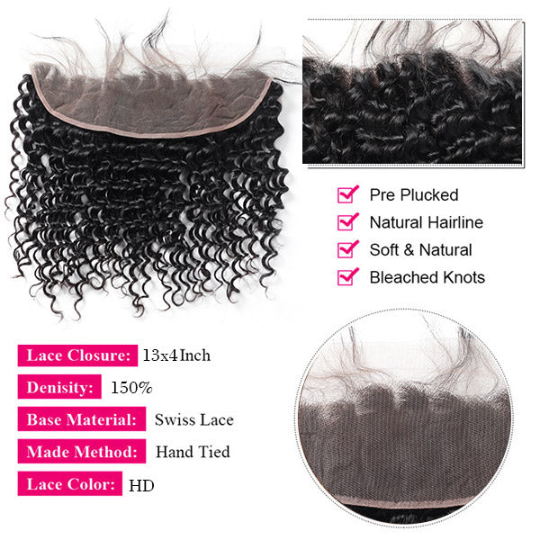 Hairsmarket Deep Wave Virgin Brazilian Hair 3 Bundles With Lace Frontal 13x4 Ear To Ear Closure