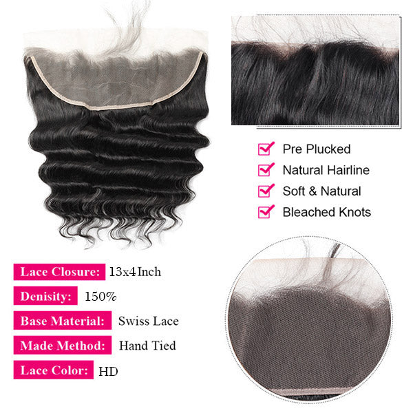 Hairsmarket Brazilian Loose Deep Virgin Human Hair 3 Bundles With Lace Frontal 13x4 Closure