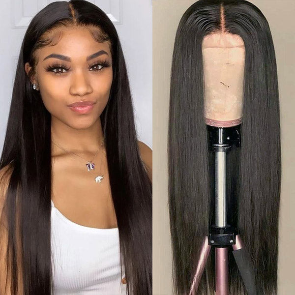 2 Pieces Wigs Straight Lace Front Wigs, 100% Human Hair Wigs With Bangs