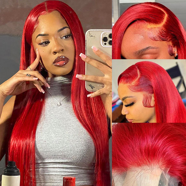 30 Inch Red Straight Hair Wig 13x4 HD Lace Frontal Wig Colored Human Hair Wigs