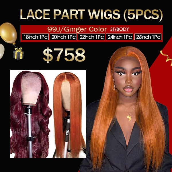 $758 Flash Sale 99J Lace Part Wigs Or Ginger Color Human Hair Wigs (18-26Inch 5Pcs)