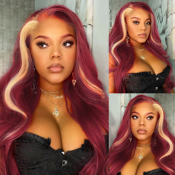 Skunk Stripe Wig Burgundy Blonde Colored Wig 13x4 Lace Front Wig Body Wave HD Wigs