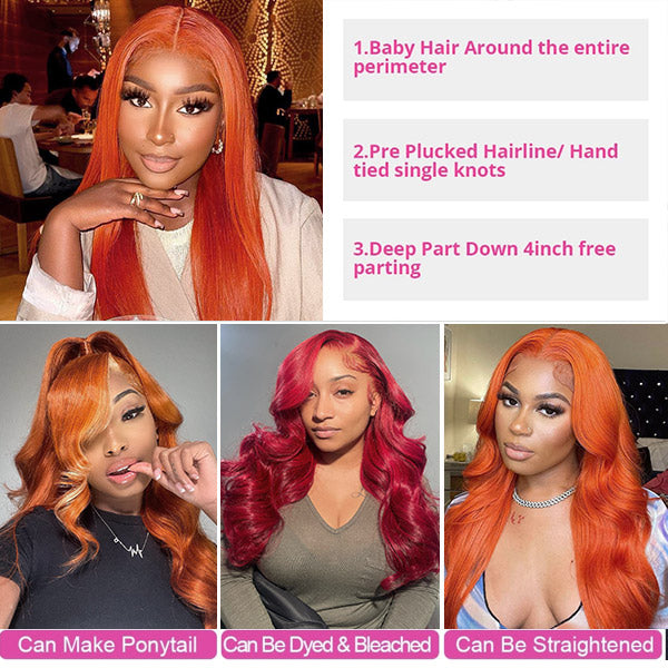 Ginger Orange Color Straight Human Hair Wig 13x4 Lace Front Wig HD Ginger Wigs