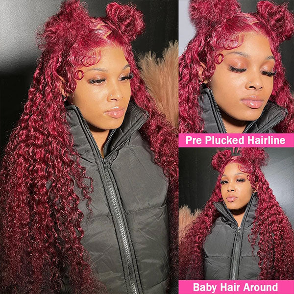 13x6 Lace Front Wigs #99J Burgundy Deep Wave Hair Affordable Colored Wigs