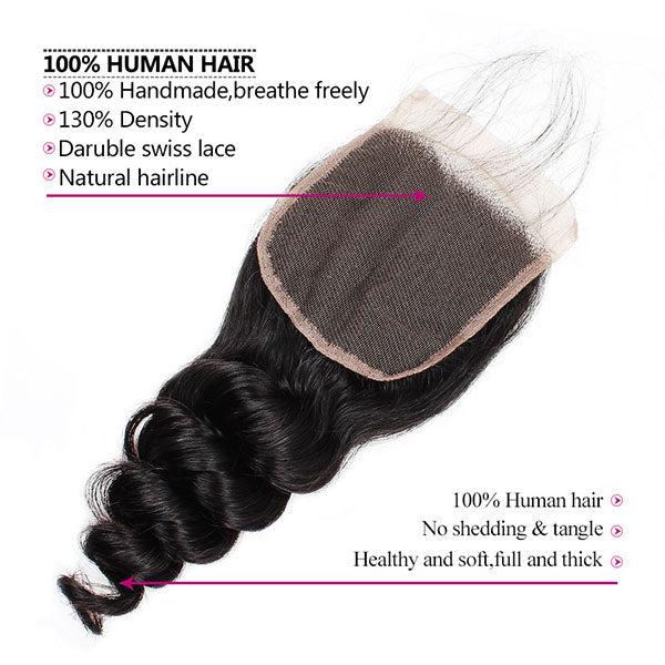 Ishow Peruvian Loose Wave Virgin Human Hair 4 Bundles With Lace Closure