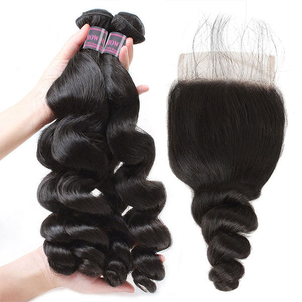 Ishow Virgin Malaysian Loose Wave Human Hair Weft 4 Bundles With Lace Closure