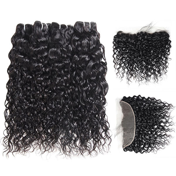 Ishow 4 Bundles Virgin Water Wave Human Hair With Lace Frontal Closure Natural Hairline