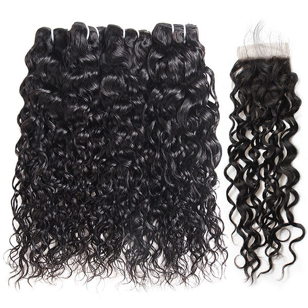 Ishow Virgin Water Wave Weave 4 Bundles With 4x4 Lace Closure 100% Peruvian Hair