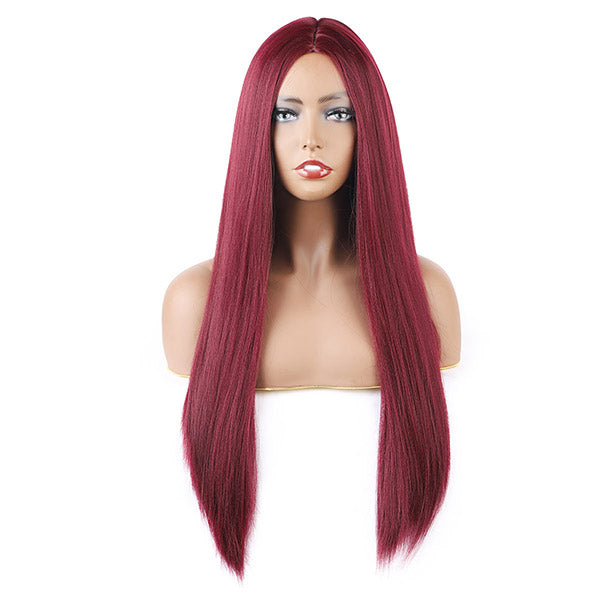 Long Straight Synthetic Wigs Middle Part Wine Red Synthetic No Lace Wig
