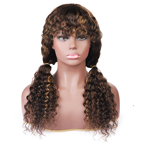 Highlight Color Human Hair Wigs With Bangs Deep Wave No Lace Wig