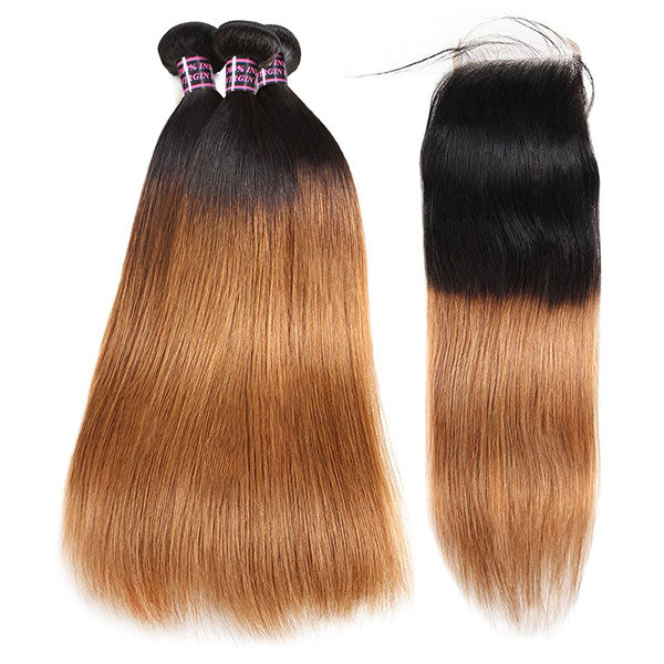 Ombre Straight Virgin Human Hair 3 Bundles With Lace Closure T1B/30