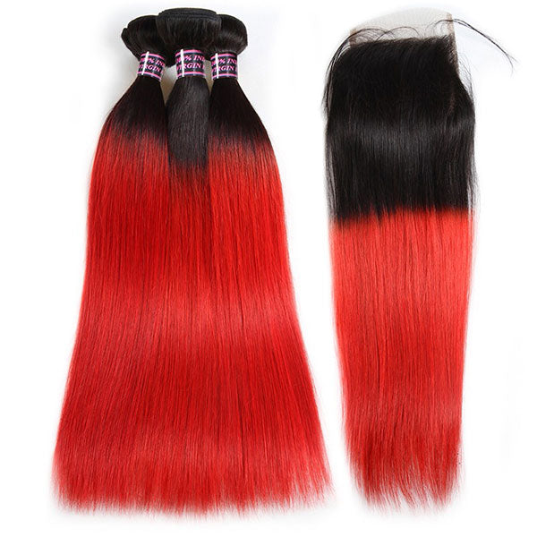 Ombre Virgin Straight Human Hair Weave Extensions With Lace Closure 1B/Red Color